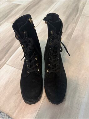 Stuart Weitzman Black Lace-Up Suede Combat Boots - Women's